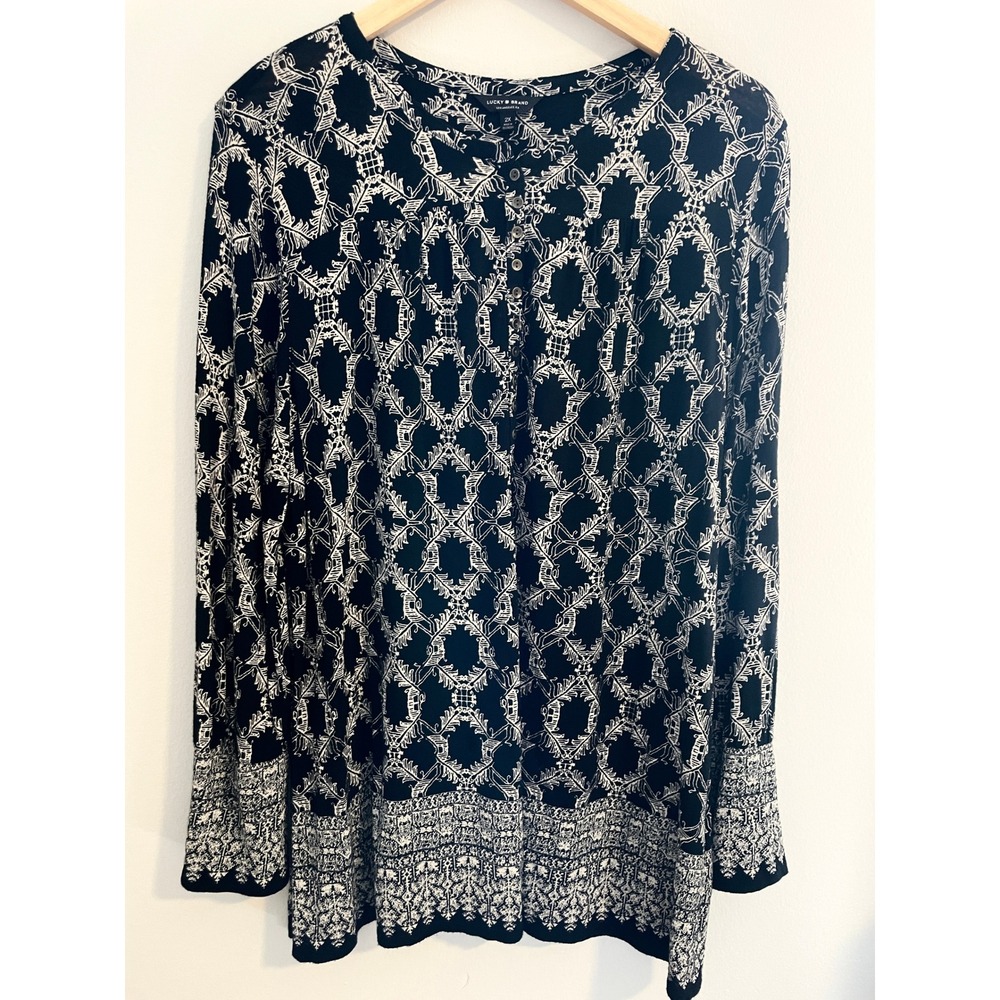 Lucky Brand Boho Geometric Print Button Front Tunic Top Womens 2X Artsy Blouse